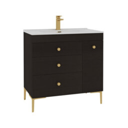 Royal Bathrooms Verona 800mm Walnut Woodgrain Floor Standing Vanity Unit 3 Drawer Side Pull Out Storage Ceramic Basin - Brass Knob - thumbnail 6