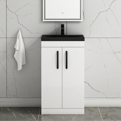 Royal Bathrooms Turin 500mm Floor Standing Vanity Unit 2 Door Gloss White With Black Basin & Handles - image 1