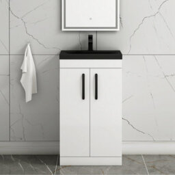 Royal Bathrooms Turin 500mm Floor Standing Vanity Unit 2 Door Gloss White With Black Basin & Handles - thumbnail 4