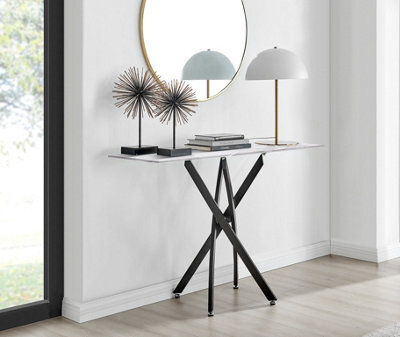 Furniturebox Uk Leonardo Console Table With White Glass Marble Effect Top And Black Legs - image 1