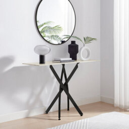 Furniturebox Uk Leonardo Console Table With White Glass Marble Effect Top And Black Legs - thumbnail 2