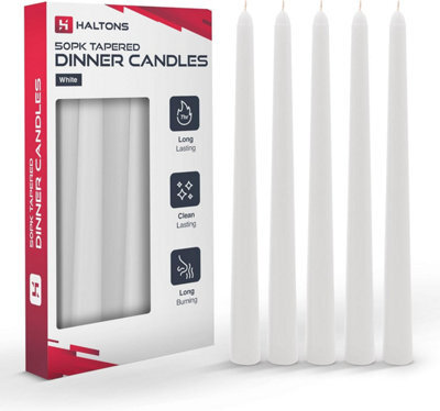Haltons 50 Pack Tapered Dinner Candles White, Unscented Long Candlesticks With 7 Hour Burn Time - image 1