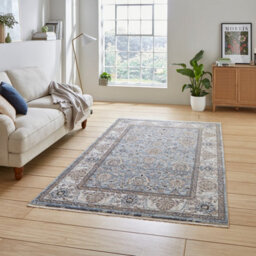 Blue Traditional Bordered Floral 10mm Thick Stain-Resistant Rug For Bedroom, Living Room, & Dining Room-80Cm X 150Cm - thumbnail 1