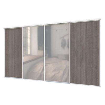 A-Class Sliding Doors Set Of 4 Dark Oak & Mirror Sliding Wardrobe Door Kit, White Frame & Tracks, Opening Height (H) 225-226Cm & Width (W) 359-360Cm - image 1