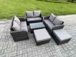 Fimous 8 Seater Garden Furniture Set Rattan Lounge Sofa Chair With Tempered Glass Table Big Footstool Dark Grey Mixed - thumbnail 2