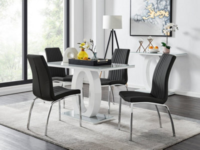 Furniturebox Giovani Rectangular 4 Seat White High Gloss Unique Halo Structural Dining Table Grey Glass Top 4 Black Faux Leather Isco Chairs - image 1