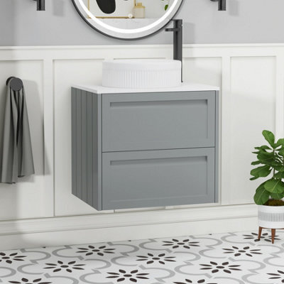 Royal Bathrooms Royal Bathroom Elmore 600mm Matt Pebble Grey Wall Mounted Bathroom Vanity Unit 2 Drawer Plain White Worktop With Round Basin - image 1