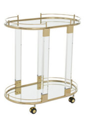 Orsina 2 Tier Gold Metallic Drinks Trolley With Acrylic Support, Mirrored Glass Tray Shelf