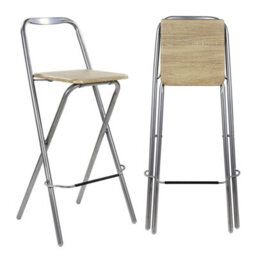 Foldable Breakfast Stool Chair, Compact Design With Footrest, Easy To Clean, Wooden Effect And Silver Frame