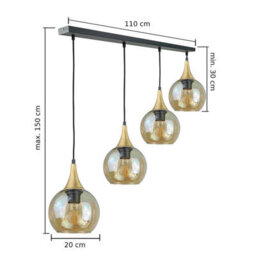 Luminosa Lighting Luminosa Callisto Bar Pendant Ceiling Light Black, Gold Amber Glass Shade 4X E27 - thumbnail 5