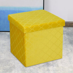 Foldable Velvet Lattice Trellis Storage Box Ottoman Cube 38Cmx38Cm For Bedroom, Living Room, Hallway - Ochre Yellow - thumbnail 1