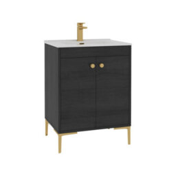 Royal Bathrooms Verona 600mm Black Woodgrain Floor Standing Vanity Unit 2 Door With Ceramic Basin & Brushed Brass Knob - thumbnail 6