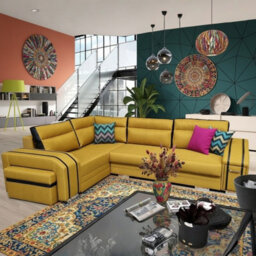 Avatar Corner Sofa Bed With Ottoman And Side Bar Upholstered Back Loose Cushions 300X200X90Cm 145X220Cm Yellow And Black Left - thumbnail 2
