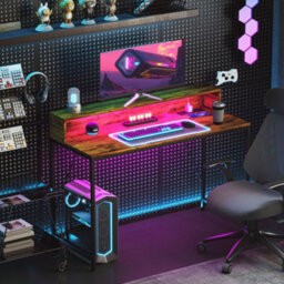 Wyld Haus Hanive 120Cm Rustic Brown Gaming Desk With Led Lights, Power Outlets And Monitor Stand - thumbnail 9