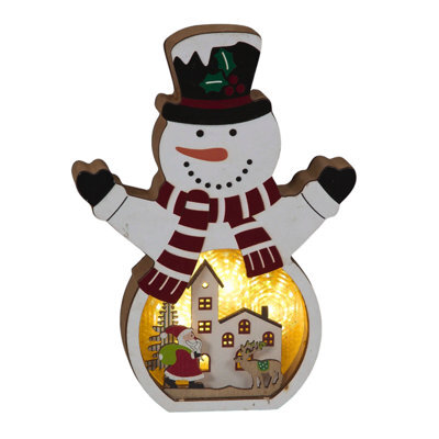 Snowtime Wooden Christmas Decoration Warm Led Light Up Festive White Snowman Scene 20Cm - image 1