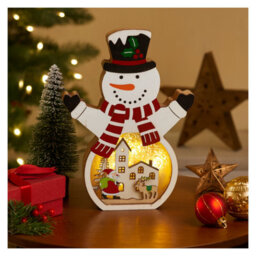 Snowtime Wooden Christmas Decoration Warm Led Light Up Festive White Snowman Scene 20Cm - thumbnail 2