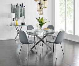 Furniturebox Uk Novara Chrome Metal And Glass Large Round Dining Table And 4 Elephant Grey Corona Silver Chairs Set - thumbnail 1