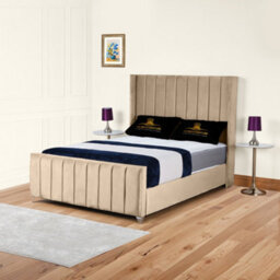 UKBEDFURNITURE Empire Wingback Beige Plush Valvet Upholstered Bed Frame Only - Slatted Base - 48 Inch Headboard - thumbnail 1