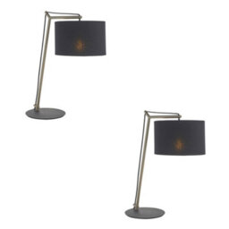 2 Pack Nickel Plated Angular Table Lamp - Black Base & Cotton Shade - Desk Light