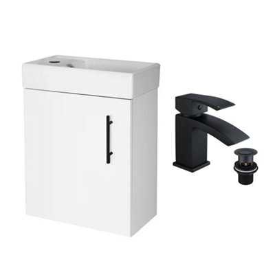 FNX Bathrooms Gloss White 400 Wall Hung Basin Sink Vanity Unit & Matt Black Lucia Basin Tap & Handle - image 1