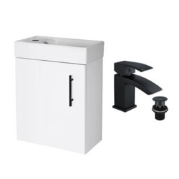 FNX Bathrooms Gloss White 400 Wall Hung Basin Sink Vanity Unit & Matt Black Lucia Basin Tap & Handle - thumbnail 1