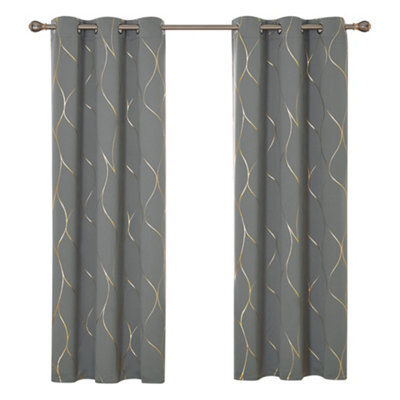 Deconovo Eyelet Blackout Curtains, Gold Wave Foil Printed Thermal Curtains For Living Room, 66 X 72 Inch, Grey, One Pair - image 1