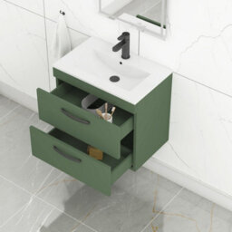 Royal Bathrooms Turin 600mm Wall Hung Vanity Unit Matt Green 2 Drawer Minimalist Basin With Matt Black Handles - thumbnail 5