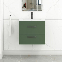 Royal Bathrooms Turin 600mm Wall Hung Vanity Unit Matt Green 2 Drawer Minimalist Basin With Matt Black Handles - thumbnail 1