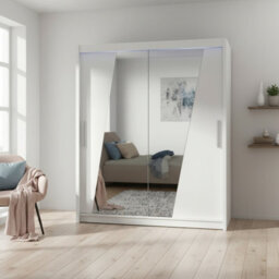 Westa Xiv 200 Cm Mirrored Sliding White Wardrobe Spacious Modern Storage With Shelves Hanging Space And Rgb Led Colorful - thumbnail 2