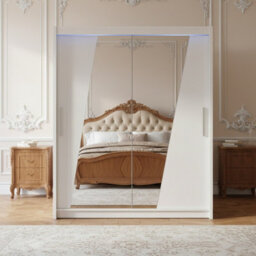 Westa Xiv 200 Cm Mirrored Sliding White Wardrobe Spacious Modern Storage With Shelves Hanging Space And Rgb Led Colorful - thumbnail 3