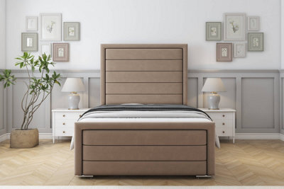 "Sloomy Ashford Mink Plush Bed Frame With Mattress With 50"" Upholstered Headboard 2'6 Small Single" - image 1