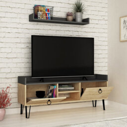 Decortie Keday Modern Tv Unit Multimedia Centre Oak Anthracite Grey With Wall Shelf Unit 140Cm - thumbnail 4