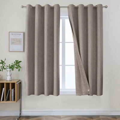 Ameha Beige Linen Texture Fabric Plain Curtain 100%blackout Thermal Insulated 66''x54'' Window Ringtop Curtain Pair With Tie Back - image 1