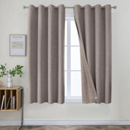 Ameha Beige Linen Texture Fabric Plain Curtain 100%blackout Thermal Insulated 66''x54'' Window Ringtop Curtain Pair With Tie Back