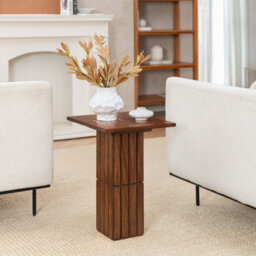 Mh London Alyssa Walnut Side Table Mango Wood Slatted Pedestal End Table - thumbnail 3