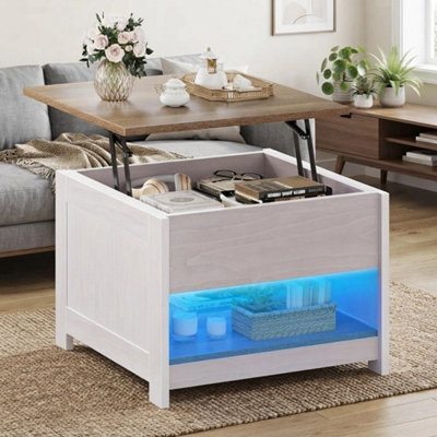 Farmhouse Grey Wash Lift-Top Coffee Table With Led Lights And Two-Tier Storage - image 1