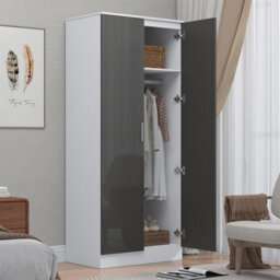 Reflect 2 Door Mirrored Wardrobe - Grey Gloss & Matt White - Hanging Rails & Shelves - H: 180Cm X W: 76Cm - Modern Sleek Design - thumbnail 2