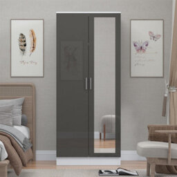 Reflect 2 Door Mirrored Wardrobe - Grey Gloss & Matt White - Hanging Rails & Shelves - H: 180Cm X W: 76Cm - Modern Sleek Design - thumbnail 3