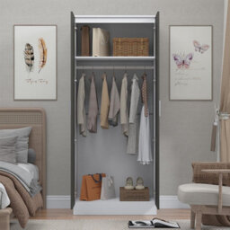 Reflect 2 Door Mirrored Wardrobe - Grey Gloss & Matt White - Hanging Rails & Shelves - H: 180Cm X W: 76Cm - Modern Sleek Design - thumbnail 4
