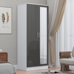 Reflect 2 Door Mirrored Wardrobe - Grey Gloss & Matt White - Hanging Rails & Shelves - H: 180Cm X W: 76Cm - Modern Sleek Design