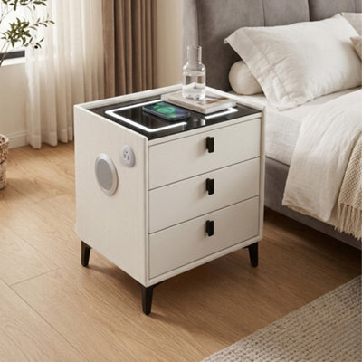 M N Furniture Ltd Luxury Smart Bedside Table, Led Light, Wireless Charging & 3 Drawers - White - image 1
