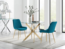 Furniturebox Uk Novara 100Cm Round Gold Leg Dining Table & 2 Blue Pesaro Gold Leg Chairs - thumbnail 1