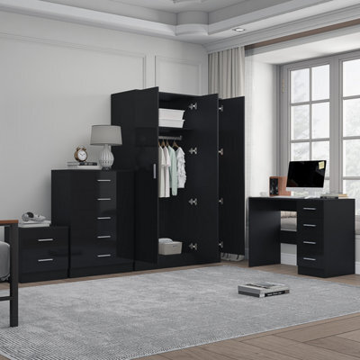 Reflect 3 Door Plain Wardrobe, 5 Drawer Chest, 2 Drawer Bedside & Desk - Black Gloss & Black Oak - Modern Bedroom Furniture Set - image 1