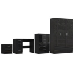 Reflect 3 Door Plain Wardrobe, 5 Drawer Chest, 2 Drawer Bedside & Desk - Black Gloss & Black Oak - Modern Bedroom Furniture Set - thumbnail 5