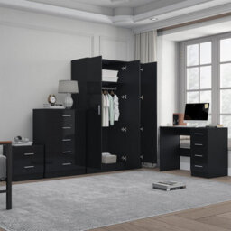 Reflect 3 Door Plain Wardrobe, 5 Drawer Chest, 2 Drawer Bedside & Desk - Black Gloss & Black Oak - Modern Bedroom Furniture Set - thumbnail 2