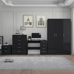 Reflect 3 Door Plain Wardrobe, 5 Drawer Chest, 2 Drawer Bedside & Desk - Black Gloss & Black Oak - Modern Bedroom Furniture Set - thumbnail 3