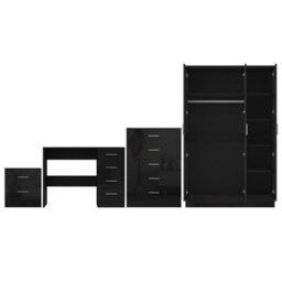 Reflect 3 Door Plain Wardrobe, 5 Drawer Chest, 2 Drawer Bedside & Desk - Black Gloss & Black Oak - Modern Bedroom Furniture Set - thumbnail 6