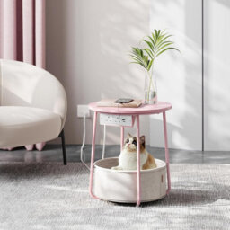 Usb End Table, Circular Side Table With Charging Ports, Power Outlets, Fabric Organizer, Jelly Pink And Cream White