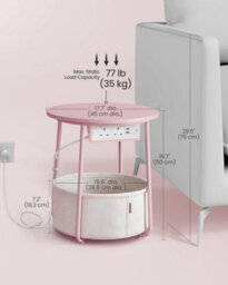 Songmics Usb End Table, Circular Side Table With Charging Ports, Power Outlets, Fabric Organizer, Jelly Pink And Cream White - thumbnail 2