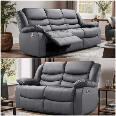 Roma Electric Leather Recliner 3+2 Seater Sofa Set Grey - image 1